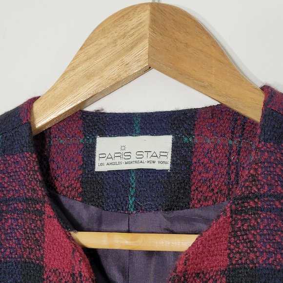 Vintage Oversized Wool Red Plaid Blazer 80's 3/4 sleeve Blazer Gold Buttons - Picture 3 of 16